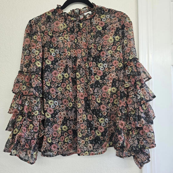 Calligraphie Women's Black Orange Floral All Over Print Ruffles Long Sleeves M - Picture 1 of 7